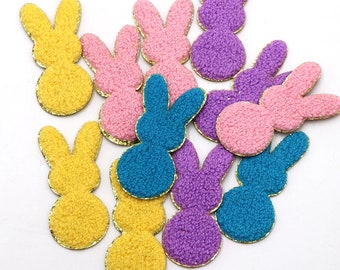 Rabbit Chenille Iron On Patch, Gold Glitter Bunny Applique, Easter Patches for Jackets