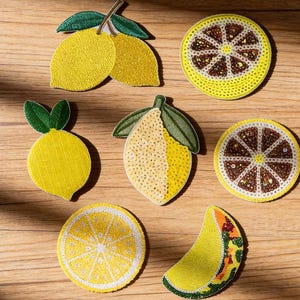 Può includere: Una collezione di sette toppe ricamate con motivi a limone, tra cui limoni interi con foglie verdi, fette di limone circolari con dettagli di perline e uno spicchio a forma di mezzaluna, il tutto visualizzato sotto il testo Longancraft.