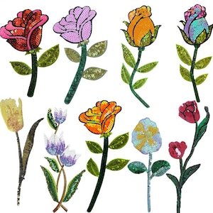 May include: A collection of sequined floral patches in various colors, including red, purple, orange, and teal. Each flower has green leaves and stems. The text "Longancraft" is at the top.