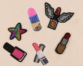 2Pcs Lipstick Sequin Patch, Color Star Patch, Glitter Sequins Patch, Iron On Patches