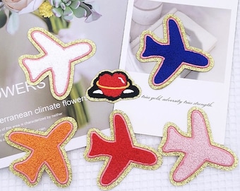 Colorful Airplane Chenille Patch 2pcs, Gold Glitter Applique, Self Adhesive Patches for Jackets