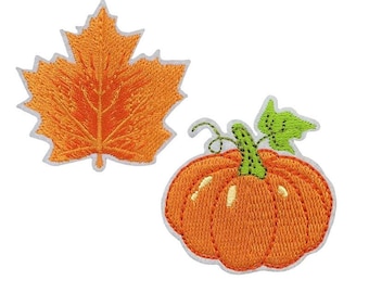 Pumpkin Embroidered Iron On Patches, Autumn Leaf Applique