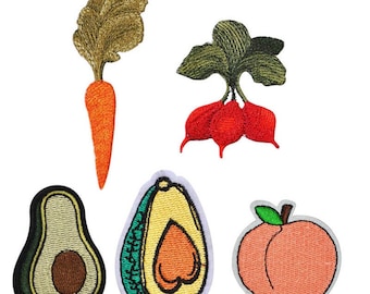 Fruit & Vegetable Embroidery Iron On Patches 5pcs, Carrot, Peach, Avocado, Beets Patches