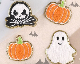 Pumpkin Chenille Glitter Patch, Ghost Patch, Skull Patch, Halloween Patch, Gold Glitter Embroidered Patch, Iron On Patch