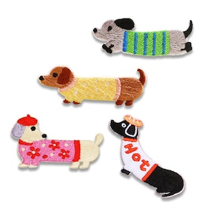 May include: Four embroidered iron-on patches of dachshund dogs wearing sweaters. The dogs are in various poses and wearing different colored sweaters. The sweaters have different patterns, including stripes, polka dots, and flowers. The patches are perfect for adding a touch of whimsy to clothing, bags, or other fabric items.