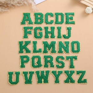Parche de letras verdes de 2,1 pulgadas para nombres de bricolaje, decorar parches del alfabeto, parche de letras para ropa, parches del alfabeto de bricolaje, parche autoadhesivo
