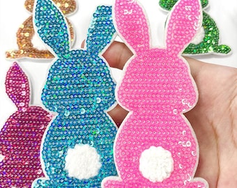 Aplique termocolante de coelho com lantejoulas, aplique de coelho, aplique bordado de Páscoa