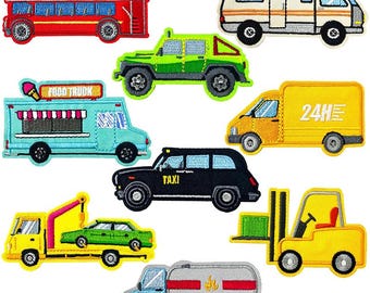 Truck Embroidered Iron On Patches, Engineering Vehicle Applique, Police Car, Fire Engine Patch