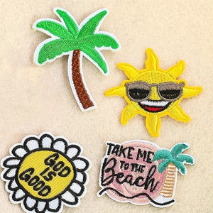 Summer Patches, Sun Embroidery Patch, Palm Tree, Flower Patches, Beach Embroidered Patch, Iron On Patch, Trucker Hat Patches
