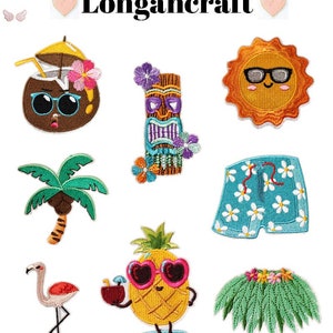 Peut inclure: Ensemble de 10 patchs brodés colorés à repasser sur le thème tropical, comprenant une noix de coco avec des lunettes de soleil, un tiki, un soleil souriant, un palmier, un ananas avec des lunettes de soleil, un short de bain et une jupe hawaïenne.