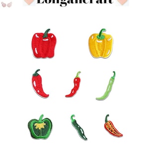 May include: Embroidered patches of red, yellow, green, and orange peppers and chillies. The patches include bell peppers and various types of chillies. The text "Longancraft" is at the top of the image.