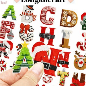 May include: Embroidered Christmas patches featuring letters, a snowman, a Christmas tree, and Santa Claus. The patches are in festive colours like red, green, and gold, with detailed stitching and the text "Longancraft".