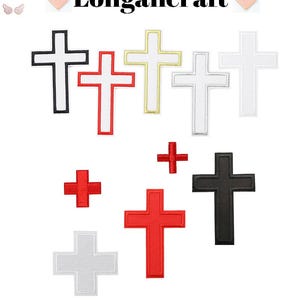 May include: A collection of embroidered cross patches in various colors, including black, red, white, and gold. The patches vary in size and design, with some featuring a simple cross shape and others with a border. The text "Longancraft" is at the top.