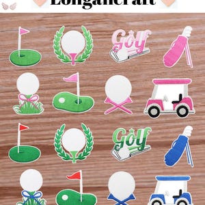 May include: A collection of golf-themed embroidered patches. Designs include golf balls, flags on greens, golf carts, and golf bags. The patches feature a variety of colors, including green, pink, and blue. The text "Longancraft" is at the top.