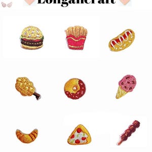 May include: A collection of embroidered food patches, including a burger, chips, hot dog, fried chicken, doughnut, ice cream, croissant, pizza slice, and a meat skewer. The text "Longancraft" is displayed at the top.