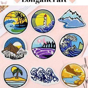 Aplique termocolante bordado de montanha, aplique de paisagem para exterior, apliques decorativos para mochilas