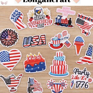 May include: A selection of patriotic patches and stickers featuring American flag motifs. Designs include a heart, a sunflower, and the word "USA." Other designs include a cake, an ice cream cone, and the text "Happy Independence Day."