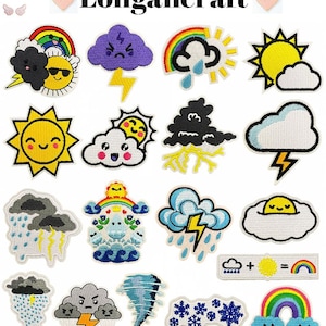 May include: A selection of embroidered weather-themed patches, featuring smiling suns, rainbows, clouds with rain and lightning, and snowflakes. The patches are in various colours and shapes, with the text "Longancraft" at the top.