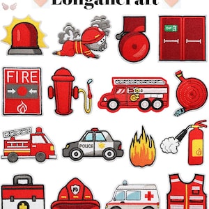 May include: A collection of embroidered patches with a fire department theme. The patches include a fire truck, fire hydrant, firefighter, ambulance, fire alarm, and other related symbols. The patches are in red, black, and white.