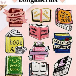 Embroidered Book Patches, Cat & Flower Appliques, Iron On Patches