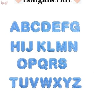 May include: Embroidered blue alphabet letters A through Z, arranged in rows on a white background. The letters are in a rounded sans-serif font. The brand name "Longancraft" is at the top.
