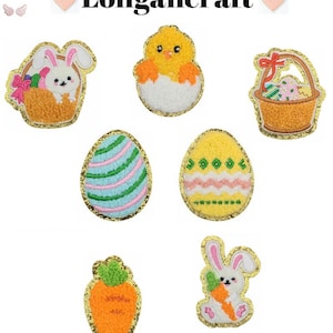 Rabbit Egg Chenille Iron On Patch, Gold Glitter Bunny Applique, Easter Patches for Clothes