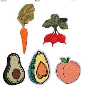 May include: Five embroidered iron-on patches featuring a carrot, two radishes, two avocados, and a peach. The patches are all in different colors and styles.