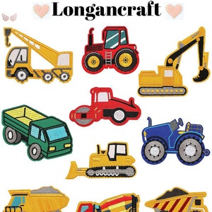 May include: Set of 10 iron-on embroidered patches featuring different construction vehicles, including a crane, tractor, excavator, bulldozer, dump truck, and more. The patches are yellow, red, green, blue, and black.
