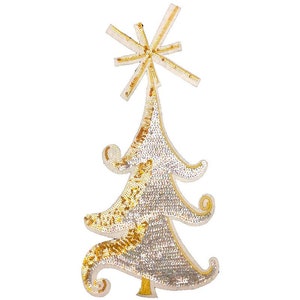 Może przedstawiać: Aplikacja choinki wykonana z złotych i srebrnych cekinów z gwiazdą na szczycie. Aplikacja idealnie nadaje się do dodania świątecznego charakteru ubraniom, torbom lub dekoracjom domu.