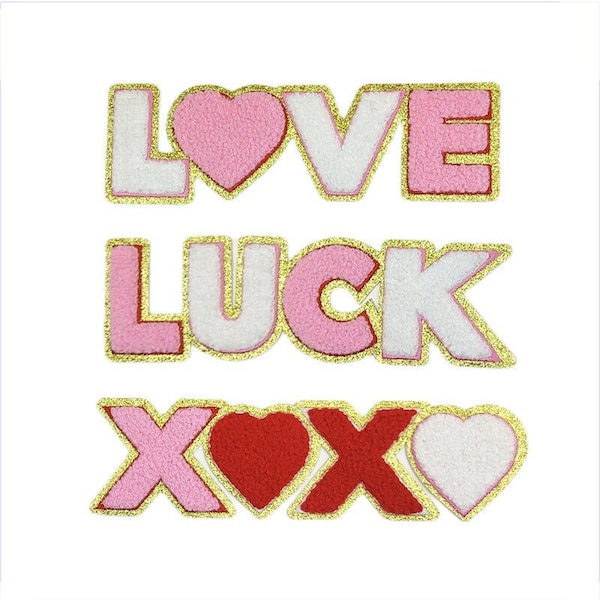 Pink Chenille Patch, Love Patch, Heart Letter Patch, Gold Glitter Embroidered Patch, Iron On Patch