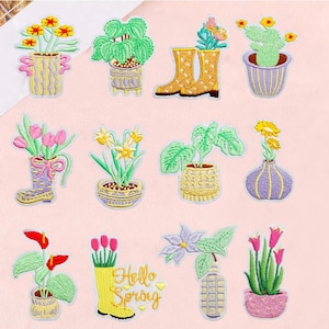 Apliques bordados de flores, tulipas, cactos e lírios, para passar a ferro.