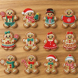May include: Twelve embroidered gingerbread person patches with gold glitter fabric. Each figure features unique holiday accessories like Santa hats, scarves, sweaters, candy canes, and bows in red, green, and white. The text Longancraft is at the top.