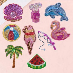 Summer Sequin Iron On Patch, Dolphin, Palm, Ice Cream, Fish, Shell,  Trucker Hat Patches