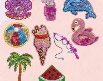 Summer Sequin Iron On Patch, Dolphin, Palm, Ice Cream, Fish, Shell,  Trucker Hat Patches