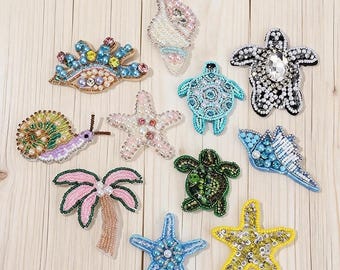 Sea Rhinestone Sew On Applique, Animal Beaded Patch, Starfish, Shell, Turtle Patches for Jackets