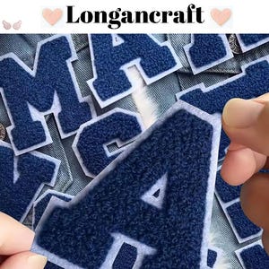 Parche de letras de chenilla azul marino de 2,7 pulgadas, parches de alfabeto con nombre para hacer uno mismo, parches de letras azules para bolsos de ropa, parches bordados para planchar