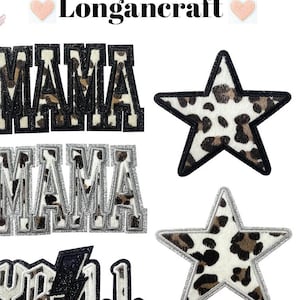 Parche bordado con brillantina con la letra Mama de 2,1 pulgadas, parche con forma de estrella y relámpago, parches termoadhesivos