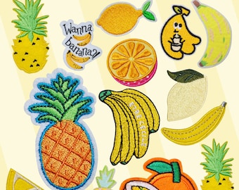 Fruit Embroidery Iron On Patches, Tropical Applique, Pineapple, Lemon, Orange, Banana Patch