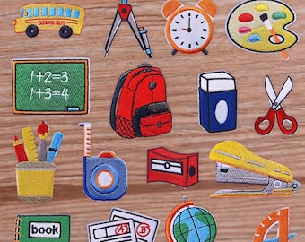 School Elements Iron On Patches, Teacher Applique, Books, Tellurion, Ruler Backpack Patch