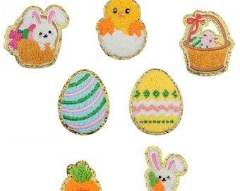 Rabbit Egg Chenille Iron On Patch, Gold Glitter Bunny Applique, Easter Patches for Clothes