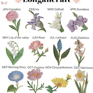 May include: An embroidered floral design chart featuring twelve different flowers, each representing a month of the year. The flowers include carnation, iris, daffodil, sweetpea, lily of the valley, rose, larkspur, gladiolus, morning glory, cosmos, chrysanthemum, and narcissus.