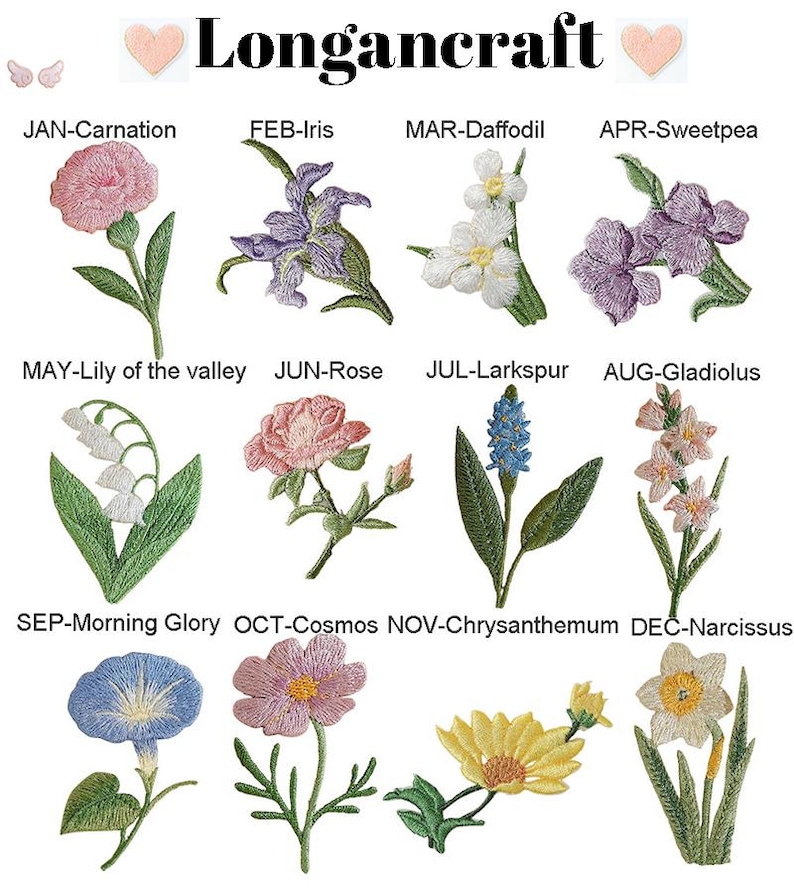 May include: An embroidered floral design chart featuring twelve different flowers, each representing a month of the year. The flowers include carnation, iris, daffodil, sweetpea, lily of the valley, rose, larkspur, gladiolus, morning glory, cosmos, chrysanthemum, and narcissus.