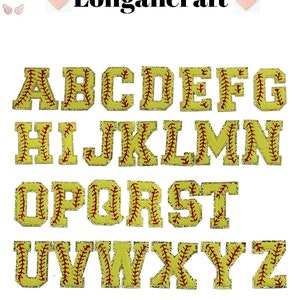 May include: A set of 26 iron-on alphabet letters in a yellow and red softball design. The letters are uppercase and are perfect for adding a sporty touch to clothing or crafts.