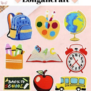 May include: Embroidered patches with school-related motifs. Designs include a blue backpack, a yellow and red artist's palette, a globe, crayons, an open book, a red alarm clock, a chalkboard with "Back to School" text, a red apple, and a yellow school bus.