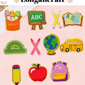 May include: A selection of colourful, embroidered school-themed patches. Includes a chalkboard with "ABC", pencils, an open book, a protractor, crayons, a globe, a school bus, a pencil, a red apple, and a backpack. The patches have gold trim.