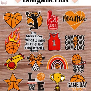 Peut inclure: Une collection de patchs et d'appliques sur le thème du basket-ball. Les motifs comprennent des ballons de basket, des paniers, un maillot, un sifflet d'arbitre, un trophée et le texte "I'm Sorry For What I Said During The Basketball Game". Les patchs sont dans des tons orange, rouge et jaune.