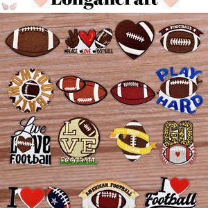 May include: A collection of embroidered patches featuring footballs in various designs. Some patches include text like "Peace Love Football", "Play Hard", and "American Football". The patches are in brown, white, red, and blue.