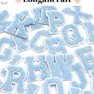 Light Blue Chenille Letters Patch,  DIY Name Alphabet Patches, Patches For Clothing Bags, Iron On Embroidered Patches