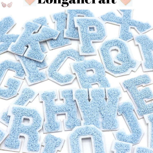 Light Blue Chenille Letters Patch,  DIY Name Alphabet Patches, Patches For Clothing Bags, Iron On Embroidered Patches