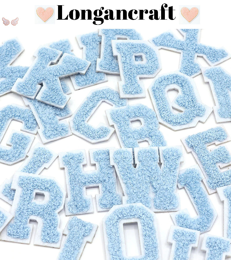 Light Blue Chenille Letters Patch,  DIY Name Alphabet Patches, Patches For Clothing Bags, Iron On Embroidered Patches